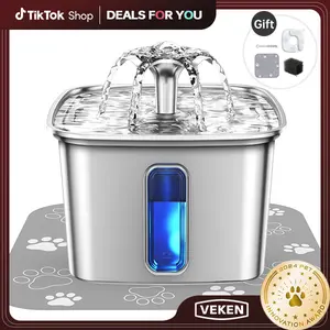 【Veken】Innovation Award Winner Stainless Steel Cat Water Fountain, 108oz/3.2L Automatic Pet Fountain Dog Water Dispenser with Replacement Filters & Silicone Mat for Cats, Dogs, Multiple Pets