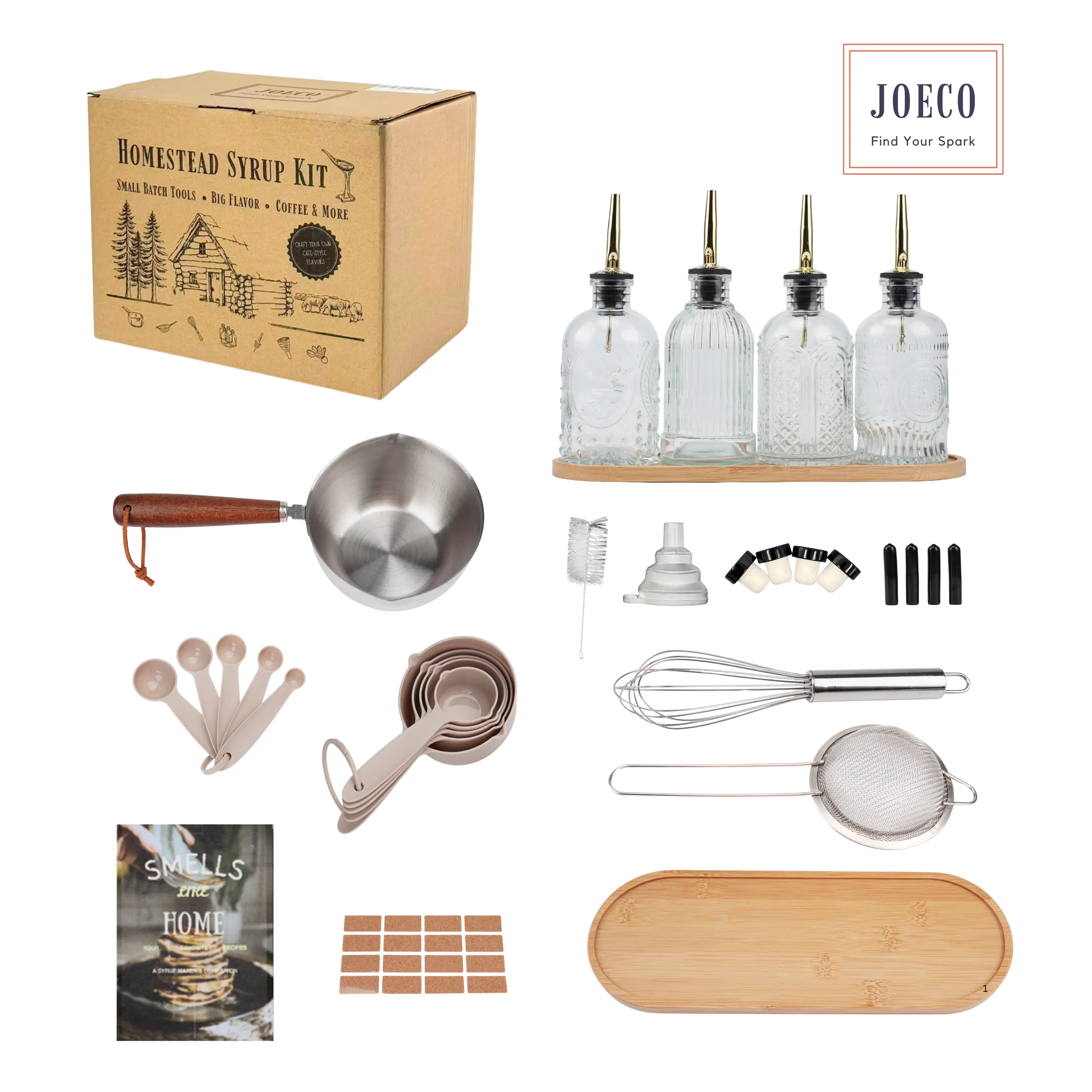 Homemade Coffee Syrup Kit | 4 Embossed Vintage Glass Syrup Dispensers, Saucepan & Recipe Book for Vanilla, Caramel, Brown Sugar & Seasonal Syrups | Coffee Bar Essentials & Gift for Coffee Lovers
