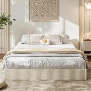 Full Bed Frame, Wood Platform Bed with Fluted Design, Low Profile BedFrame, Minimalist Bed Base with Noise-Free, No Box Spring Needed, Cream