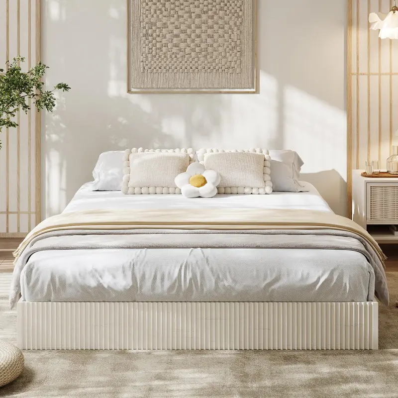 Full Bed Frame, Wood Platform Bed with Fluted Design, Low Profile BedFrame, Minimalist Bed Base with Noise-Free, No Box Spring Needed, Cream