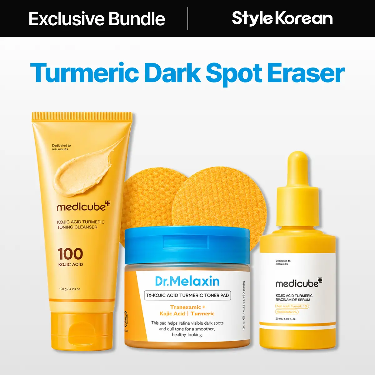 [StyleKorean] Turmeric Dark Spot Eraser Trio Set (Dr.melaxin Kojic Acid Turmeric toner pads, Medicube Toning Whip Cleanser, serum)