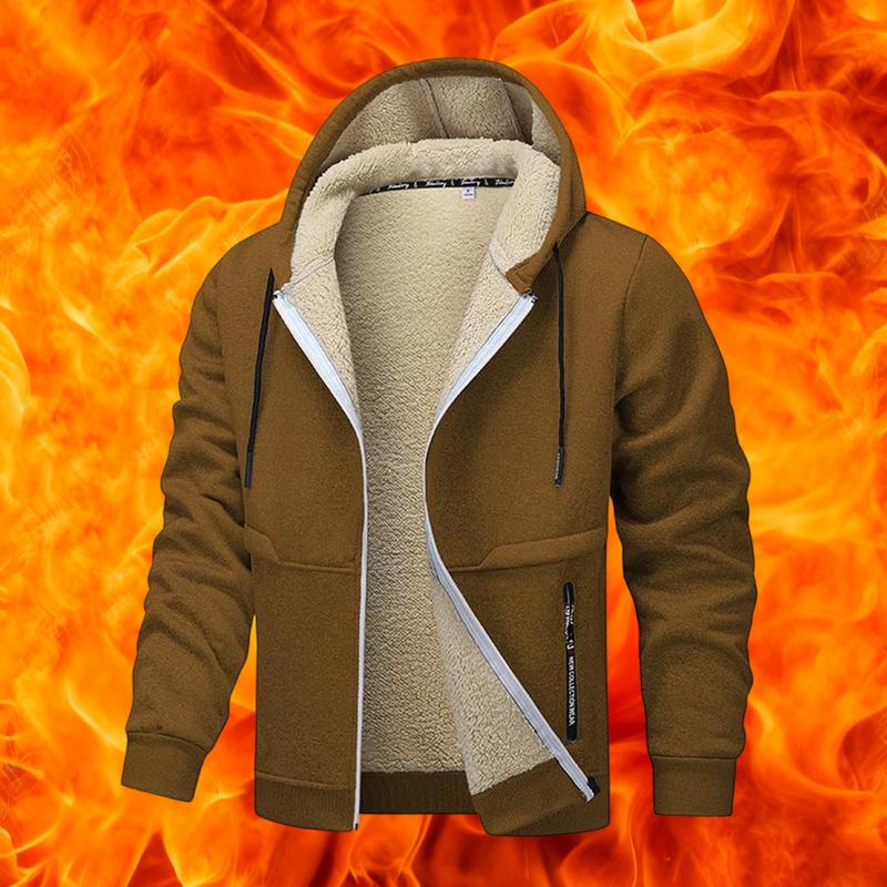 Men's Casual Zipper Wool Lined Hoodie - 100% Polyester Solid Color Long Sleeve Jacket, Lightly Stretchable Fabric, Suitable for Spring, Autumn, Hiking & Outdoor Activities, Regular Fit Hooded Sports Shirt, Men’s Warm Coat, Day Fleece Menswear  Beige Black