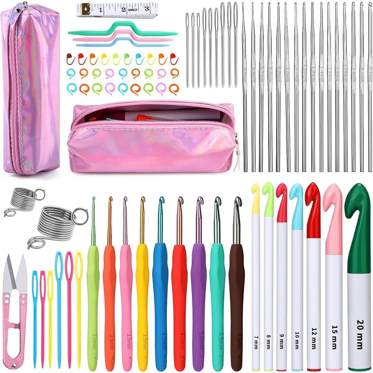 87 Pcs Crochet Hooks Set, Aluminum Crochet Hooks, Ergonomic Crochet Needles and Stitch Markers, Crochet Needle Kit with Case for Sewing DIY Craft, Extra Long  Knitting Needles