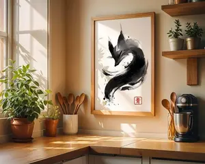 Japanese Kitsune Art Print, Sumi-e Ink Wash, Asian Wall Decor