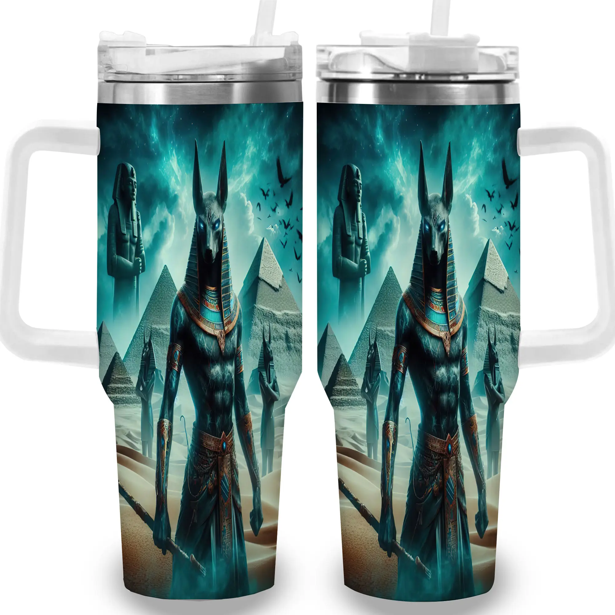 1pc 40oz Ancient Egyptian Anubis Pyramid Insulated Travel Tumbler with Lid - Vacuum Flask Travel Mug, Unique Memorial Birthday Gift for Adults, Ideal for Independence Day, Kitchenware Coffee Cup, Anti-Scalding, Halloween