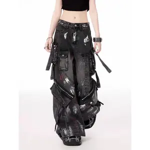Y2K Harajuku Gothic Multi-Pocket Washed Black Jeans Men And Women 2000s Heavy Industry Drag Pants Street Hip Hop Wide Leg Pants