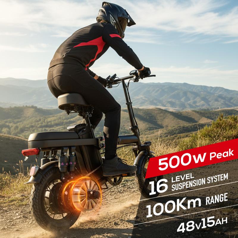 Electric Folding Bicycle 500W Motor 14-Inch Tires 48V 15Ah Battery 30-Mile Range Certified Shock Absorption Smart Urban Bike 1000W Peak Power 100KM Range Foldable with 16-Level Shock Absorption System Commuter Ebike Suspension Ebike Brakes Electric Folding Bicycle 500W Motor 14-Inch Tires 48V 15Ah Battery 30-Mile Range Certified Shock Absorption Smart Urban Bike 1000W Peak Power 100KM Range Foldable with 16-Level Shock Absorption System Commuter Ebike Suspension Ebike Brakes