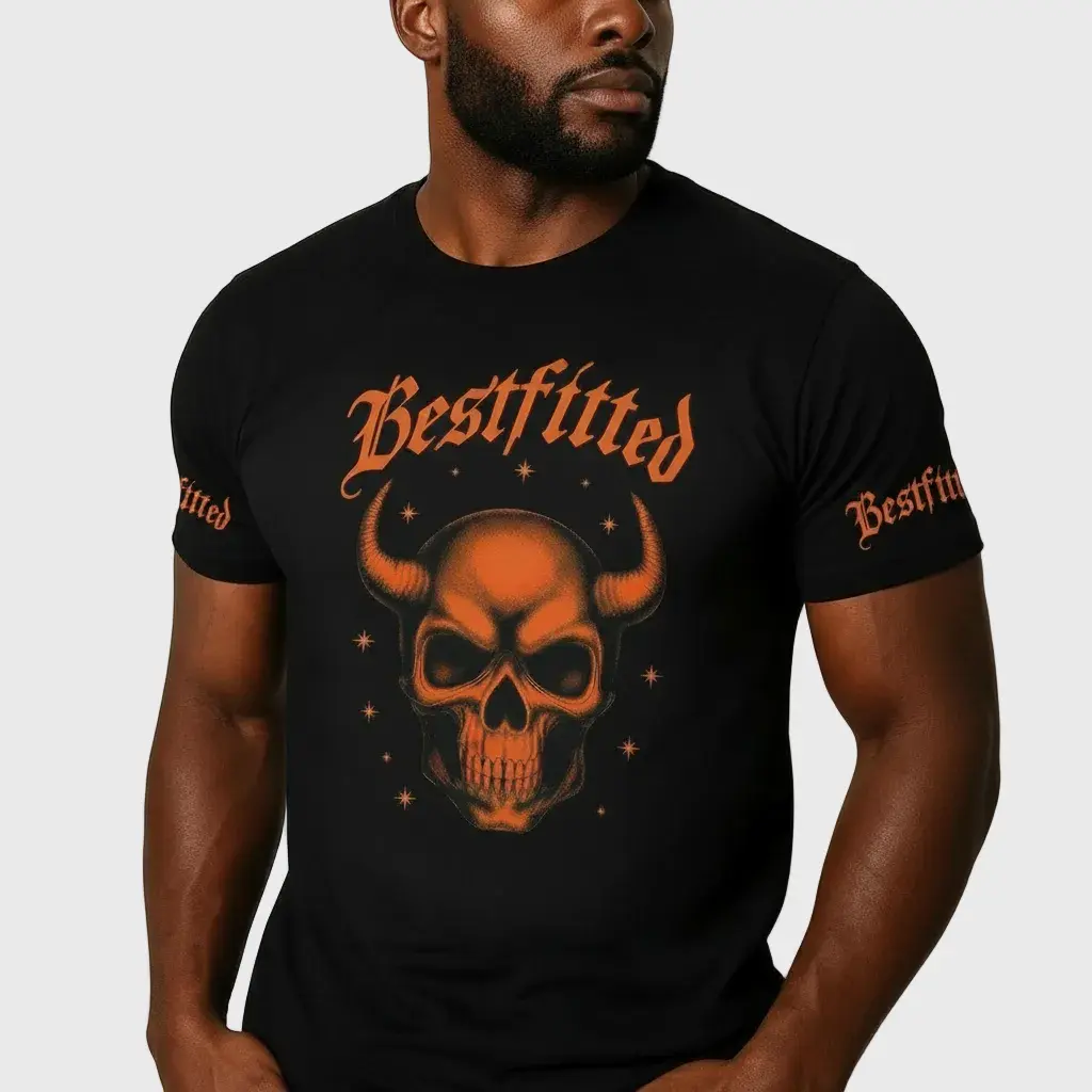 Men's Gothic Streetwear T-Shirt - Bestfitted Orange Skull Graphic & Sleeve Print