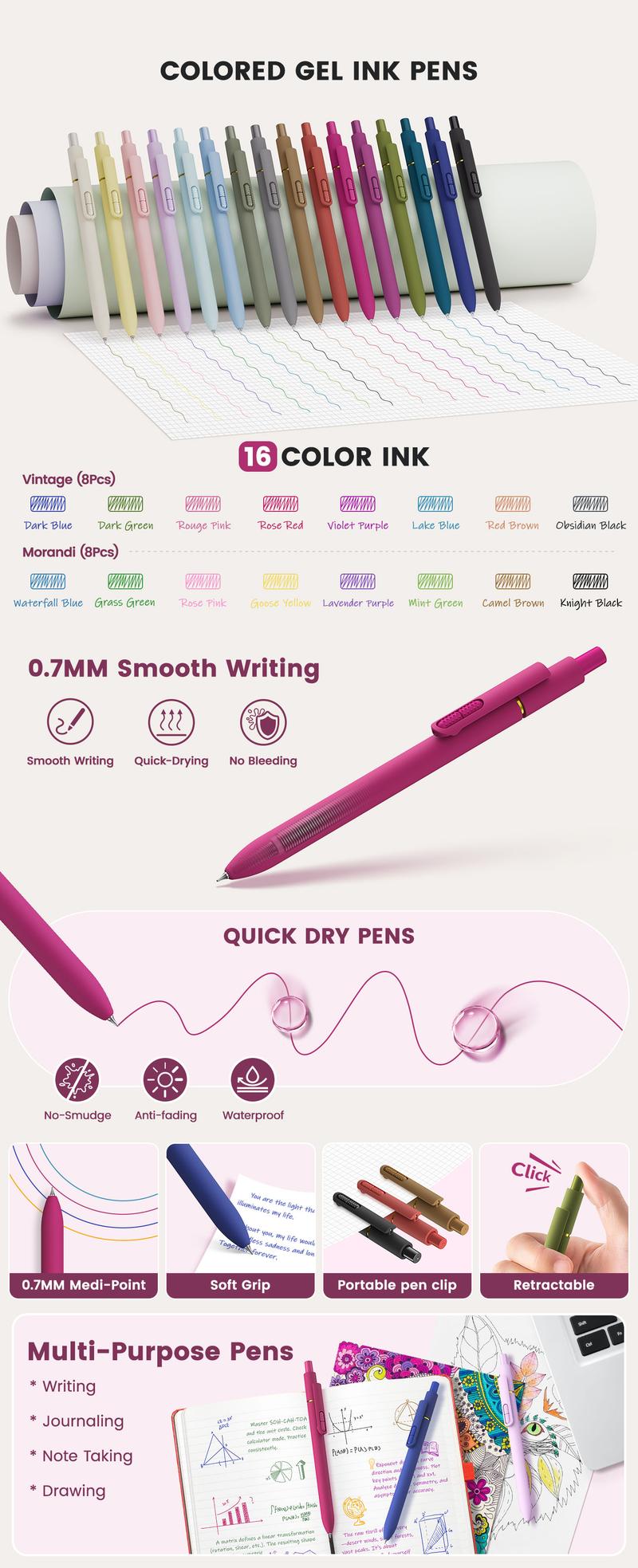 8 Pack Colorful Gel Pens, Retractable Fine Point Clicker Pens in Vintage/Morandi Styles, Smooth Writing and Easy to Use for Students, Teachers and Artists, Drawing Writing Planner and Crossword Puzzles,magical pen,gift,Colorful Crafts