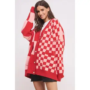 Button Down Long Sleeve Checkered Oversized Cardigan