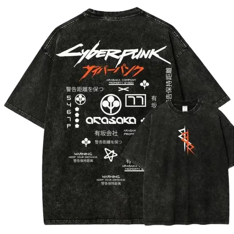 Vintage Wash Cyberpunk Arasaka Graphic T-Shirt Oversized Techwear Aesthetic Tee Streetwear Merch