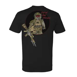 Livin The Dream Tactical T Shirt With Skull Soldier And Rifle Graphic, Tactical Military Streetwear Featuring Combat Gear And Night Ops Aesthetic, Hardcore Tactical Apparel For Men Who Embrace Warrior Mindset Strength And Discipline