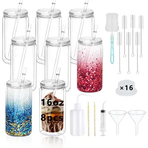 KAFUFU 8 Pack 16oz Clear Double Wall Snowball Cup with Lids and Straws, Pre-Drilled Acrylic Tumblers for DIY Crafts, Reusable Water Bottle Set with Funnel & Brushes, Leak Proof Car Cup for Iced Coffee, Valentine’s Day Gift Wedding Favors Party Essentials