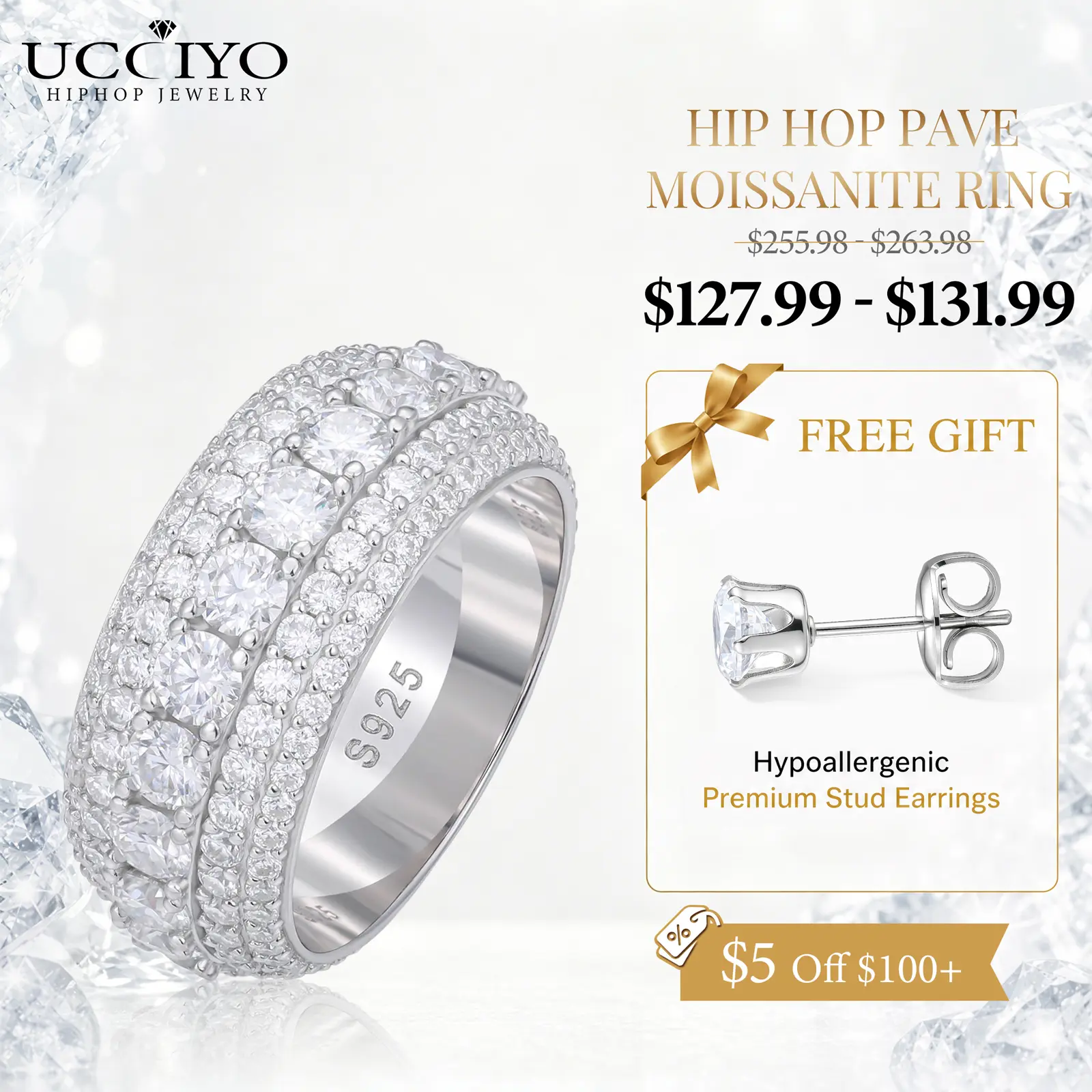 UCCIYO Iced Out Lab-Created Moissanite Rings R60 For Men Hip Hop Pave Setting S925 Sterling Silver Rings Hip Hop Jewelry FallFreshness summerwins【#R60】