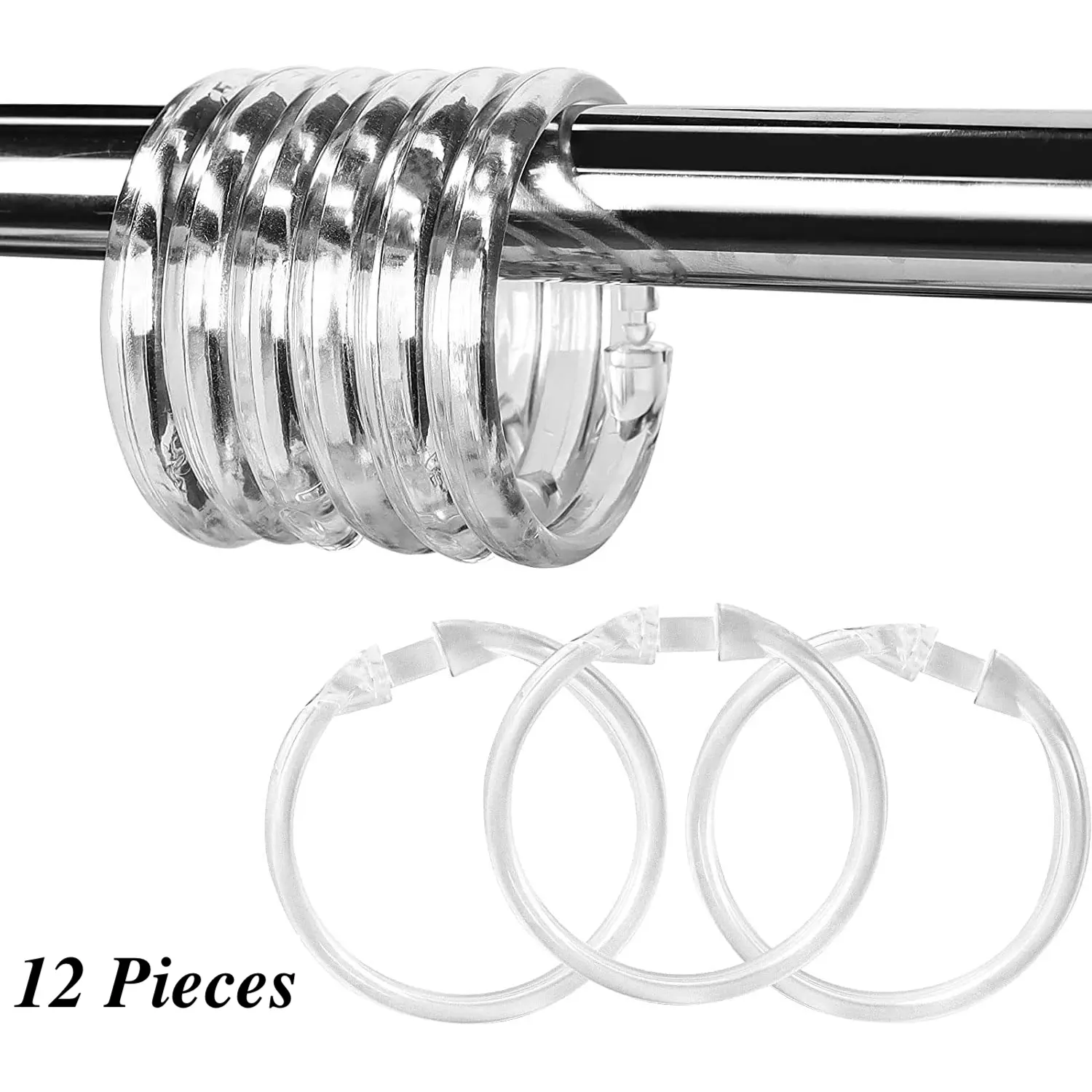 Shower Curtain Rings-12 Pack- Easy Durable Lightweight Plastic Shower Curtain Hooks O-Shaped Rings Hook Slide Glide Easily on Bathroom Shower Rod, (Clear, White), Plastic Shower Curtain Hooks, Curtain Rod Holders, Shower Curtain Rod Rings Set