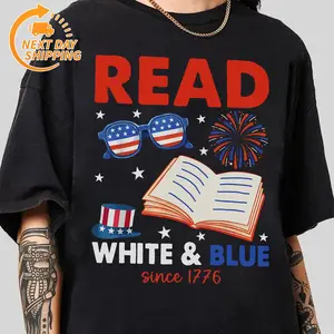 Read White Blue Since 1776 Patriotic Bookworm 4th of July T-Shirt, Unisex Top