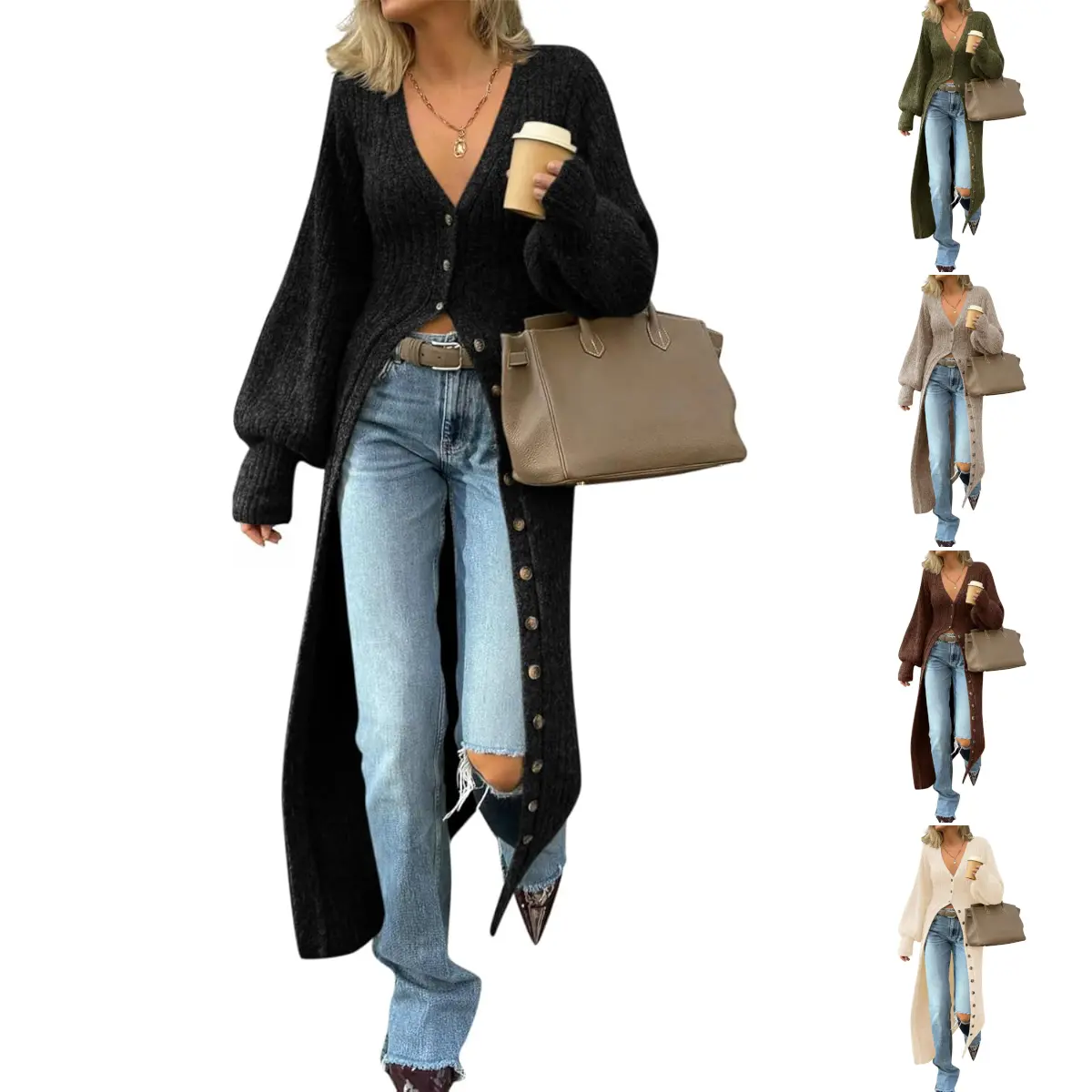 Tanming Women's Long Chunky Knitting Cardigan - V-Neck, Button-Down, Fitted, Lightweight, Stretchy Spandex Cozy Fall Sweater with Pockets for Casual Everyday Wear (TikTokShop Black Friday),summerwins,back to school,back to school shopping