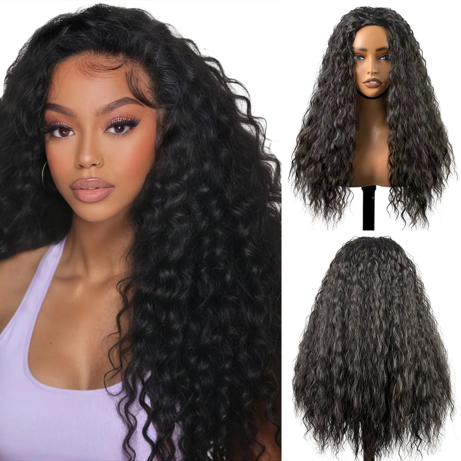 Lush Haute 【Special Offer】Deep Wave Half Wig 20 Inch Synthetic Half Wig Drawstring Glueless Wear and Go Half Wigs for Women 3 In 1 Seamles Flip Over Beginner Friendly