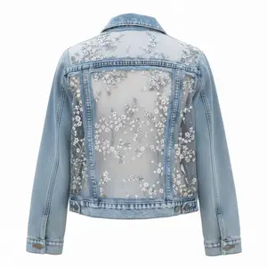 Light Blue Boho Custom Denim Jacket for Women, Sequins Lace Jean Festival Outfit with Unique Embroidered Mesh Back