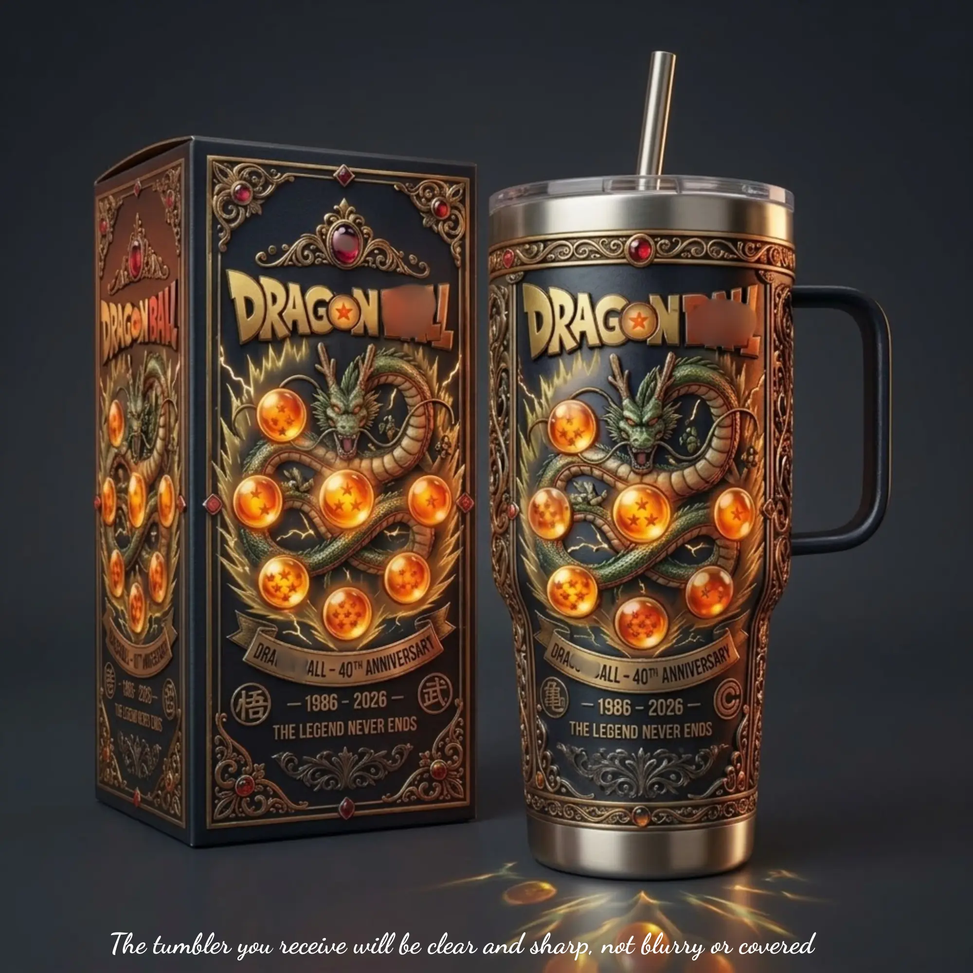 DBZ 40th Anniversary 1986 2026 40oz Tumbler with Handle, Vintage Anime Mythical Dragon 7 Star Orbs Double Wall Insulated Travel Coffee Mug with Box, Stainless Steel Cup, Gift for Anime Fans
