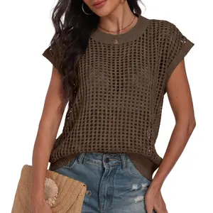 Lepunuo Women's Summer Crochet Top Cap Sleeve Hollow Out Cover Ups Casual Cruise Beach Vacation Travel Tops Knit Pullover Sweater