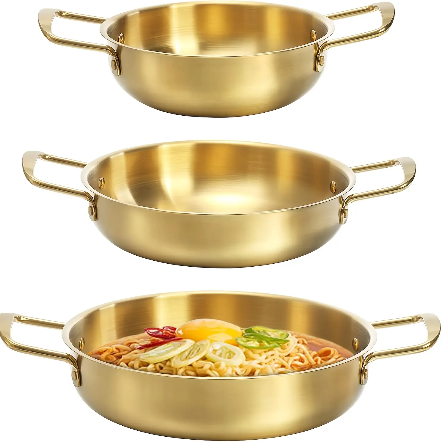 Aesthetic 3-Piece Gold Stainless Steel Pots and Pans Set | Korean Ramen Noodle Pot with Double Handles | 18/20/22cm Stovetop Cookware Sets for Soup, Pasta & Boiling | Dishwasher Safe Fast Heating Kitchen Essentials For Home