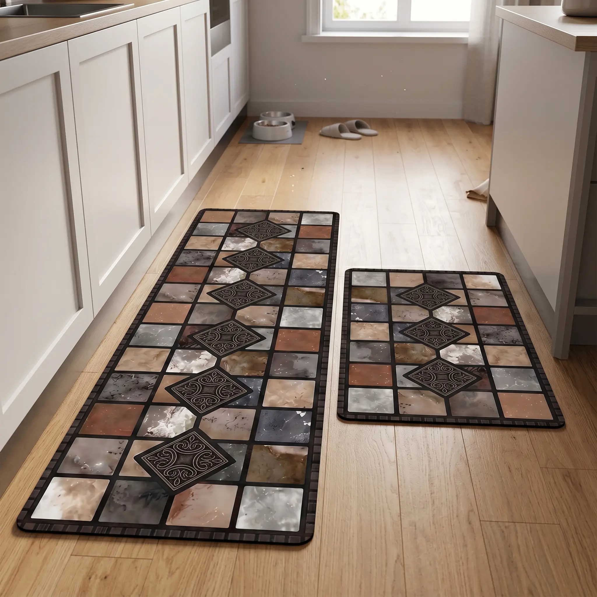 PINSOUL Aesthetic Stone Pattern Rubber-Coated Kitchen Mat Set, Super Absorbent Non-Slip Floor Runners (32"x20" + 60"x20") for Kitchen, Laundry, Rubber-Coated Kitchen Rugs