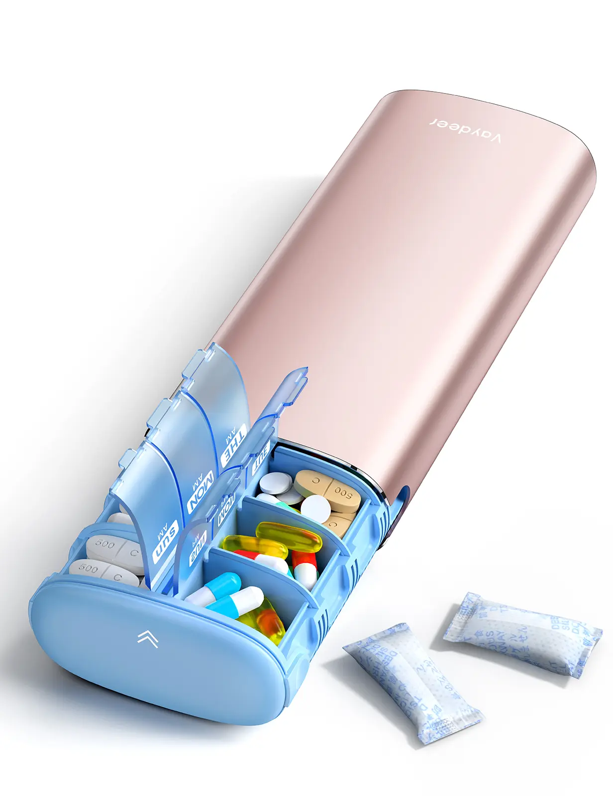 Vaydeer Metal 7 Day Pill Organizer 2 Times a Day – AM PM Weekly Travel Pill Case with Moisture-Proof Desiccant, Airtight Large Capacity Pill Box for Vitamins, Medications & Supplements (Rose Gold),back to school,back to school haul