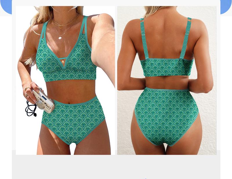 Aleumdr Metal-Ring Cut-Out Full Coverage High Waist Bikini Set – Adjustable Straps, Elastic Band & Openwork Design, Plus Size Swimwear for Women Beach Swimming Sport