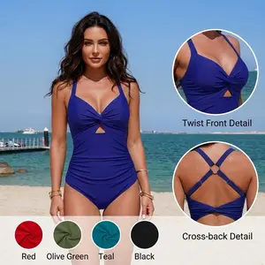 Women's Twist Front Cutout One Piece Swimsuit | Cross Back Ruched Tummy Control Bathing Suit, Sexy V Neck Swimwear for Beach & Pool