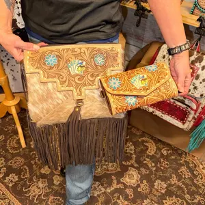 Western Tooled Leather Fringe Purse & Matching Wallet set