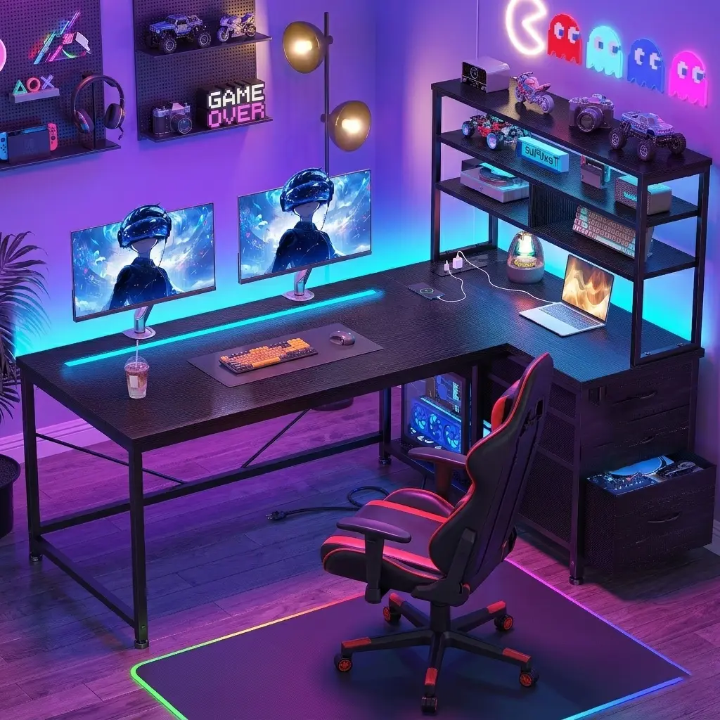 【L-Shaped Desk】Reversible L-Shaped 55'' Gaming Desk with 3 Drawer,Computer desk with LED Lights & 2 AC Power Outlets & 2 USB Ports,Home Office Desks with PC Stand & Storage Shelves, Commercial Office Desk, Durable & Sturdy Study Desk, Black