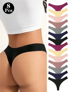 Pack of 8 mixed-color ribbed cotton thongs, low-rise and sexy, soft and skin-friendly fabric, comfortable and breathable, women’s underwear and panties