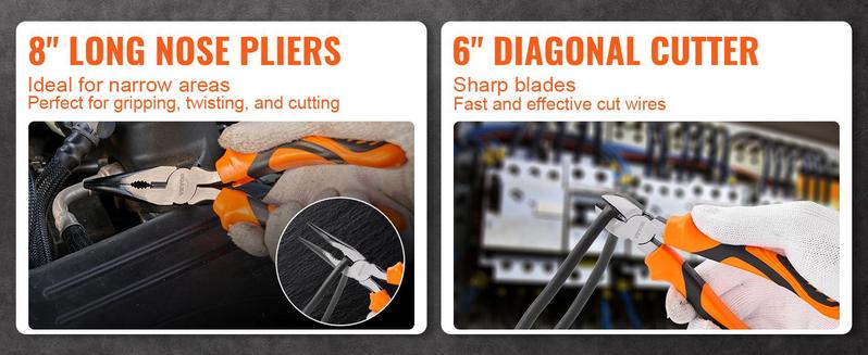 VEVOR 8-Piece Pliers Set, High Carbon Steel, 12"/10"/8" Groove Joint Pliers, 8" Linesman's Pliers, 6" Slip Joint Pliers, 8" Long Nose Pliers, 6" Diagonal Cutter, 10" Adjustable Wrench, and Tool Bag
