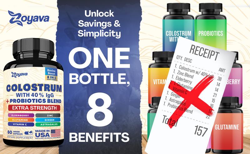 Zoyava Bovine Colostrum Supplement - Grass-Fed Cow Colostrum All-in-1 Capsules with 40% IgG & Probiotics - Highly Potent - Made in USA