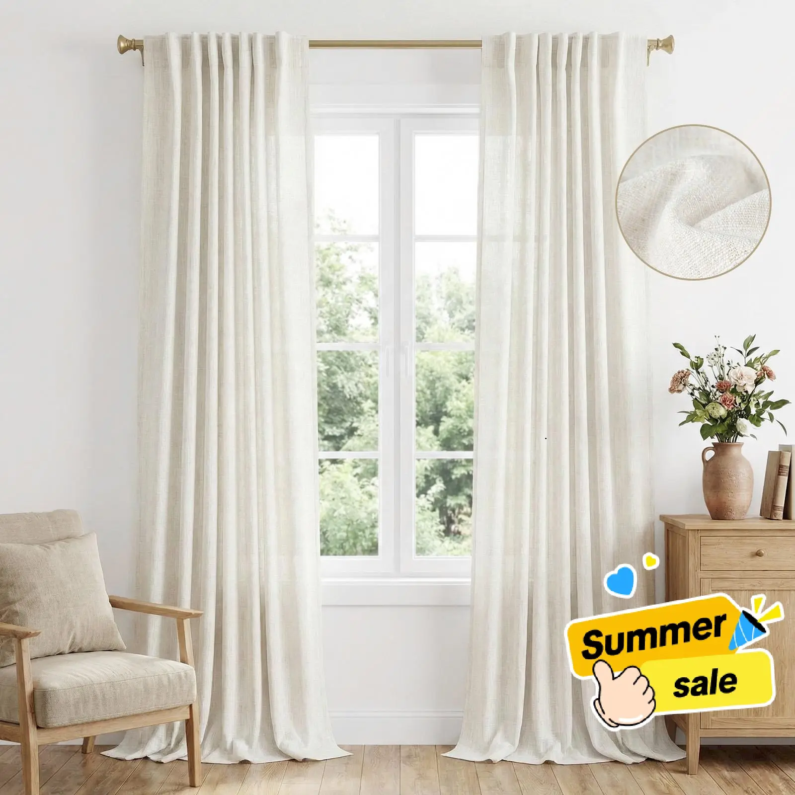 Inovaday | Light Filtering Curtains-2pcs Linen Curtains For Bedroom,Living Room,Unlined Curtains Drapes Back Tab Semi Sheer Privacy Curtains, Farmhouse Outdoorfun,Back To School Renter Friendly/Dorm Essentials,Home Decor
