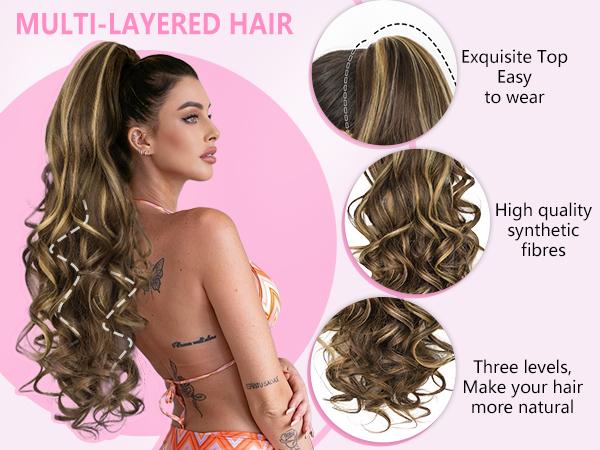 ALXNAN 24'' Long Wavy Claw Ponytail Extension Curly Wavy Pony Tail Clip in Claw Hair Extension Synthetic Hairpiece for Women Ideal for Any Occasion