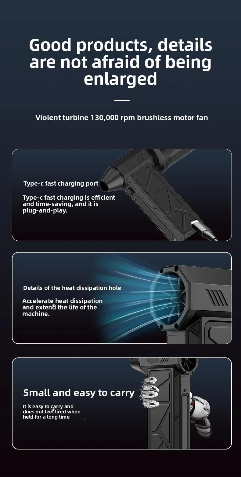 Powerful Turbo Fan  130,000 RPM Cleaner Set with 4 Attachments Mini Portable Jet Fan High Speed Spinning Type-C Rechargeable Clear Fan for Cars Computers Keyboards and Lenses Cordless Blower