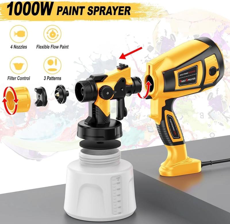 1000W High-Efficiency Electric Paint Sprayer, Cordless HVLP Paint Sprayer for Indoor and Outdoor Use with 10 Accessories, Suitable for House Paint and Color Sprayers on Fences, Furniture, Cabinets, and Walls.