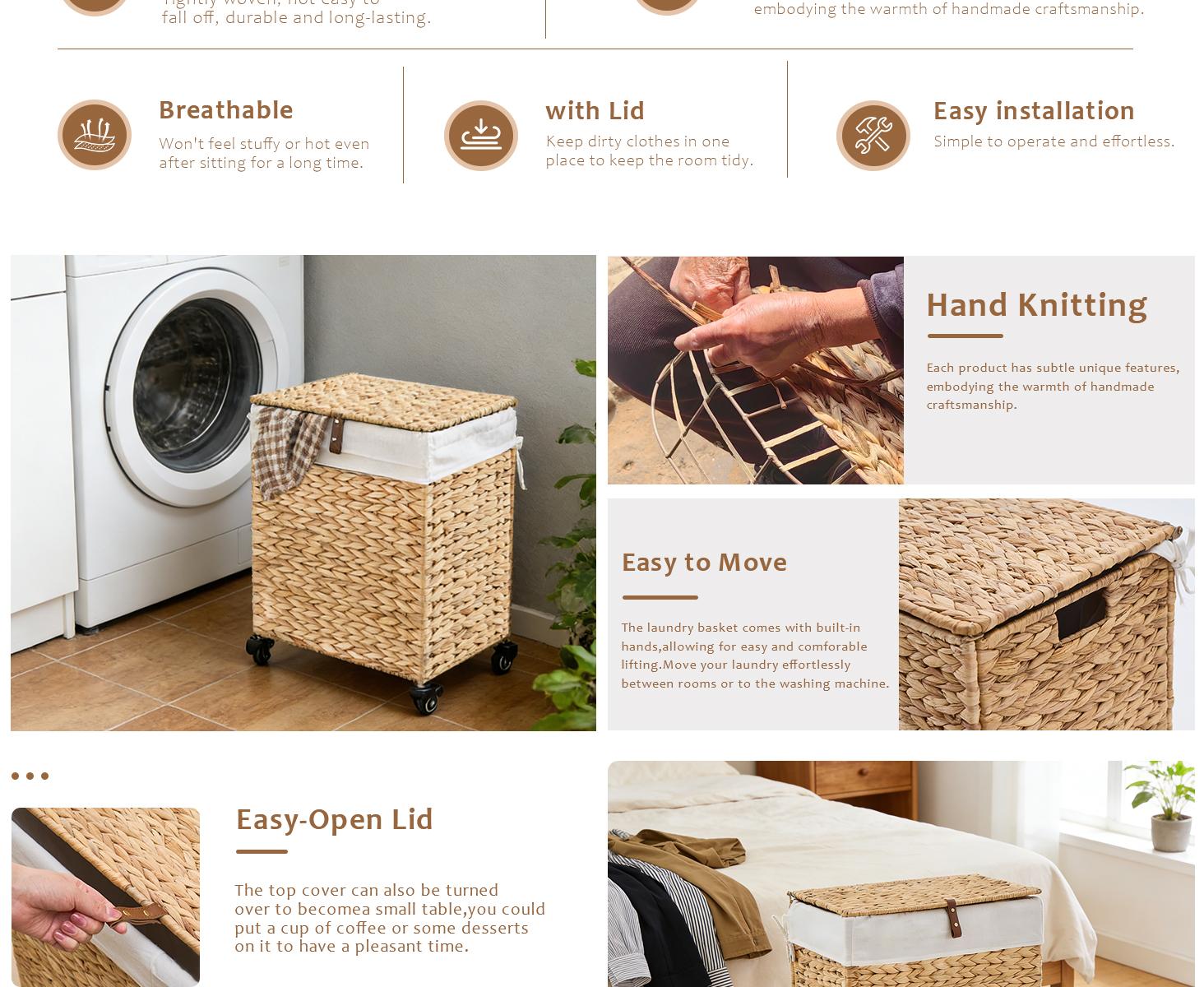 Handwoven Laundry Hamper with Wheels, Natural Water Hyacinth Rolling Laundry Basket with Lid and Removable Liner