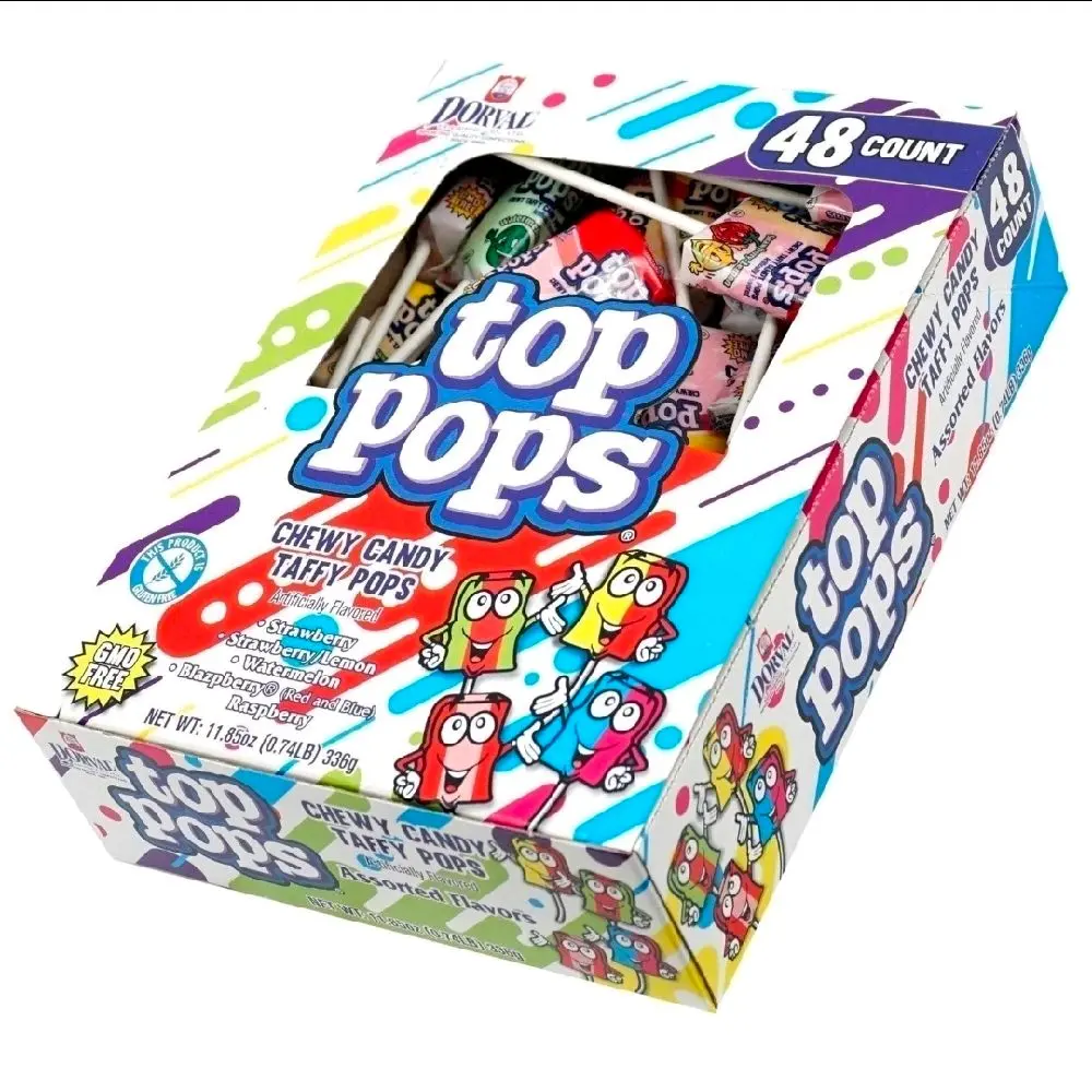 Top Pops Assorted Taffy Pops - Case of 48 Fruit-Flavored Candy Snacks, Including Watermelon Sour, Sour Strawberry, Lemon & Sweet Varieties, Food and Snacks Option, Sour Strawberries