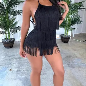 Sexy Backless Fringe Dress Jumpsuit Western Country Concert Cowgirl Outfit for Women Nashville Tassel Romper Black Tassel Design Love Overall