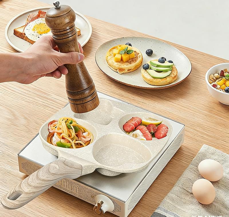 2026 Non-stick Star Hole Design Egg Frying Pan,4 Hole Skillet with Handle,Granite-Style Breakfast Skillet,Medical Stone liner,Nonstick,Easy to Clean,for Breakfast, Eggs,Burgers,for all stoves,Beige,20*20*3.5cm