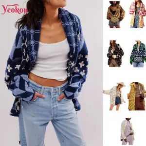 Yeokou Women Fall Sweater Cardigans Graphic Button Down Collar Knitwear Long Sleeve Oversized Y2K Print Coats