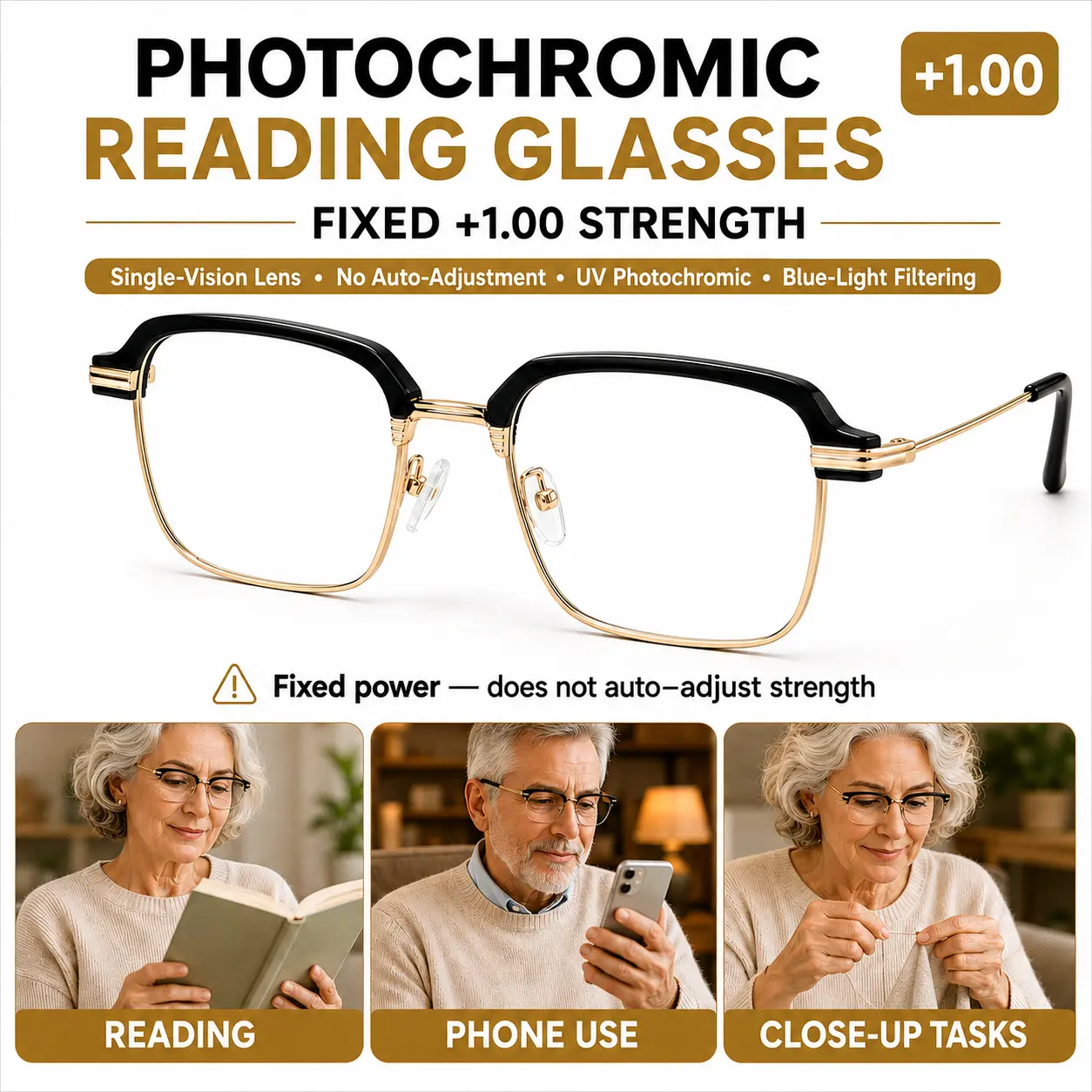 UV-Activated Photochromic Reading Glasses for Men and Women, Anti-Blue Light Lenses, Fixed +1.00 Strength Lens, Lightweight Black Gold Frame