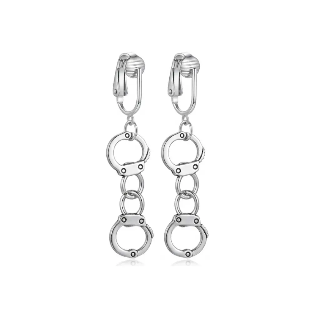 Silver Handcuffs Clip On Dangling Earrings