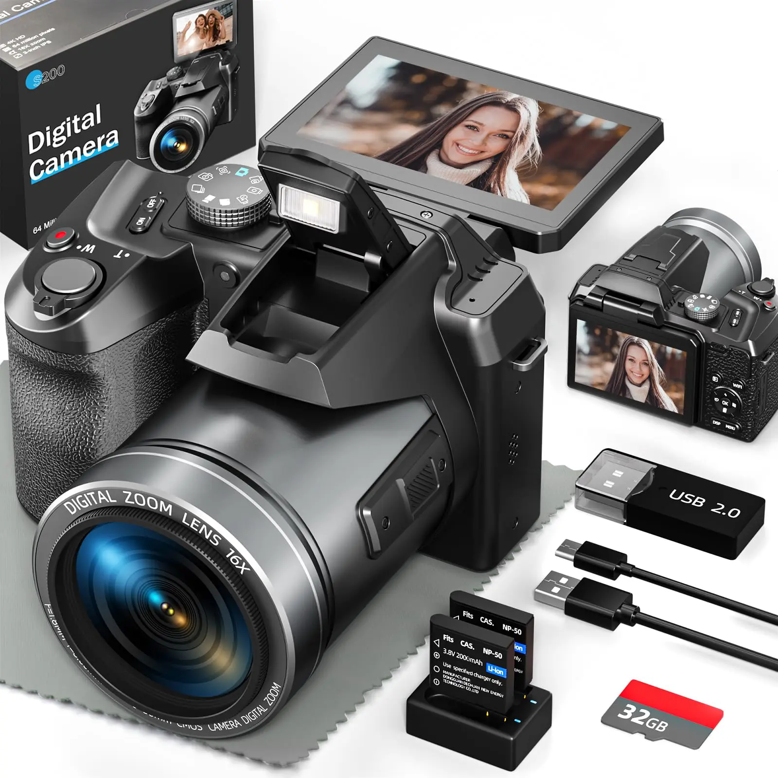 Professional Autofocus 4K 56MP Pocket Camera Video Camcorders for Photography & Vlogging, 10X Anti-Shake Compact Travel Device with WiFi, App Control, Flash, SD Card, 2 Batteries