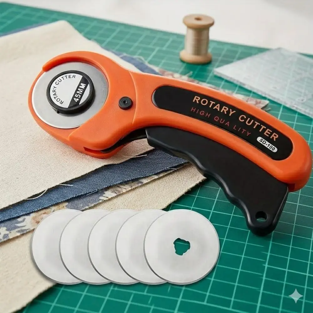 Premium Rotary Fabric Cutter Kit: 6-Piece Tungsten Steel Blades, Magnetic Quick-Change, Safety Lock for DIY Leather, Paper, Wallpaper Cutting and Trimming Tools