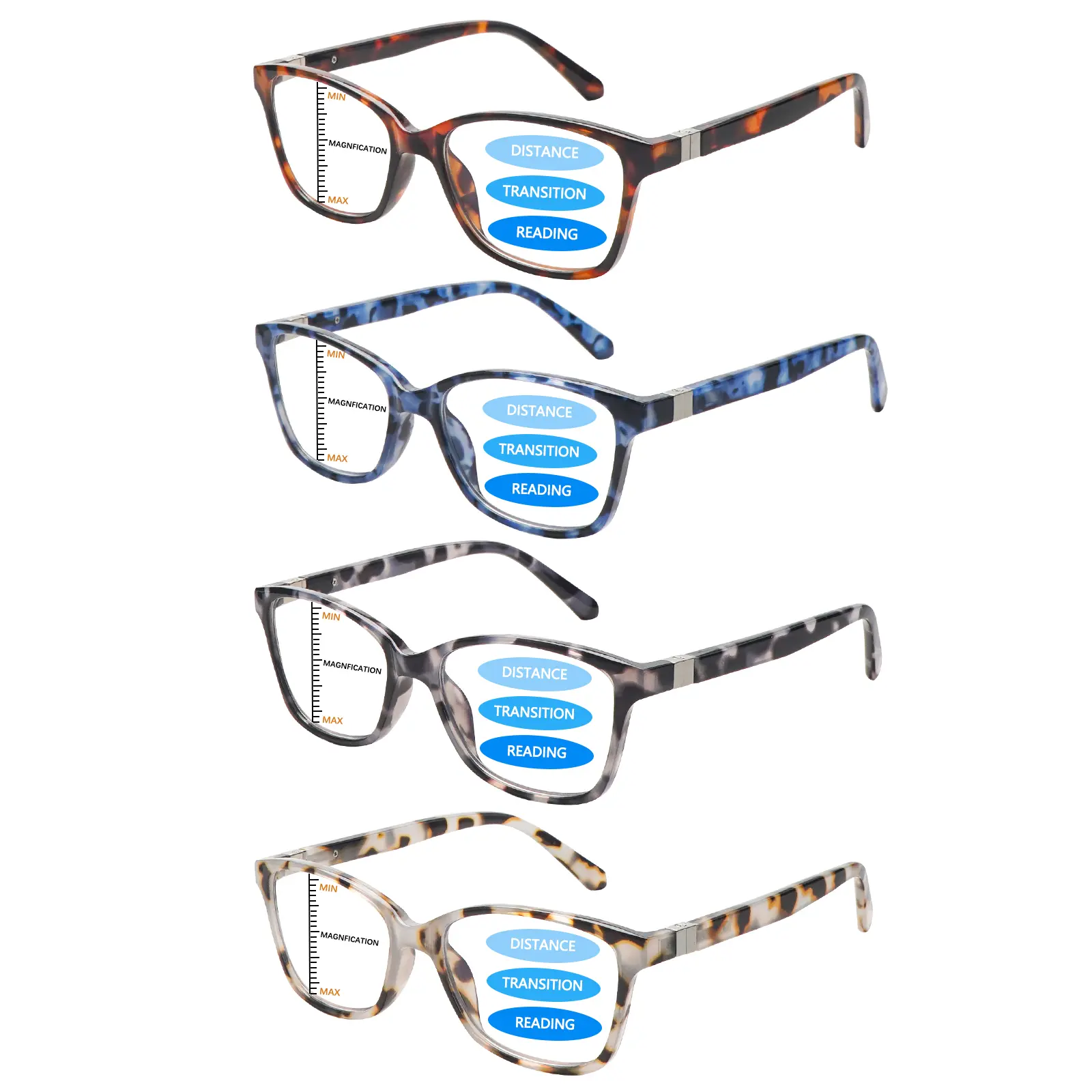 Women's Reading Eyeglasses 4 Pack, Rectangular Polycarbonate Full Rim Frames with Progressive Multifocal Lenses, Blue Light Blocking Readers Ideal for First-Time Wearers, Multifocal Readers, Reading Eyewear, First Timers