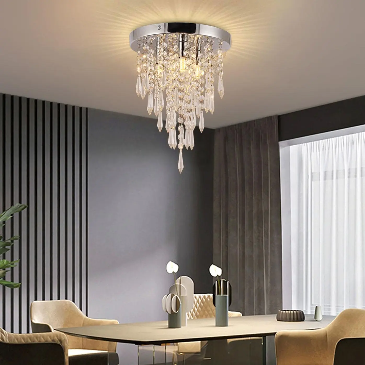 CNCEST Contemporary 3-Light Acrylic Crystal Flush Mount Ceiling Lighting - AC-Powered Decorative Lamp, 3 G9 Bulbs, Cool White, Indoor Use, Room Decor for Dining Room, Bedroom Home Improvement, Decorative Lights